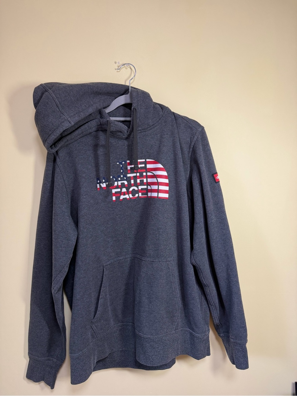 The North Face Men's Charcoal Hoodie with American Flag Logo